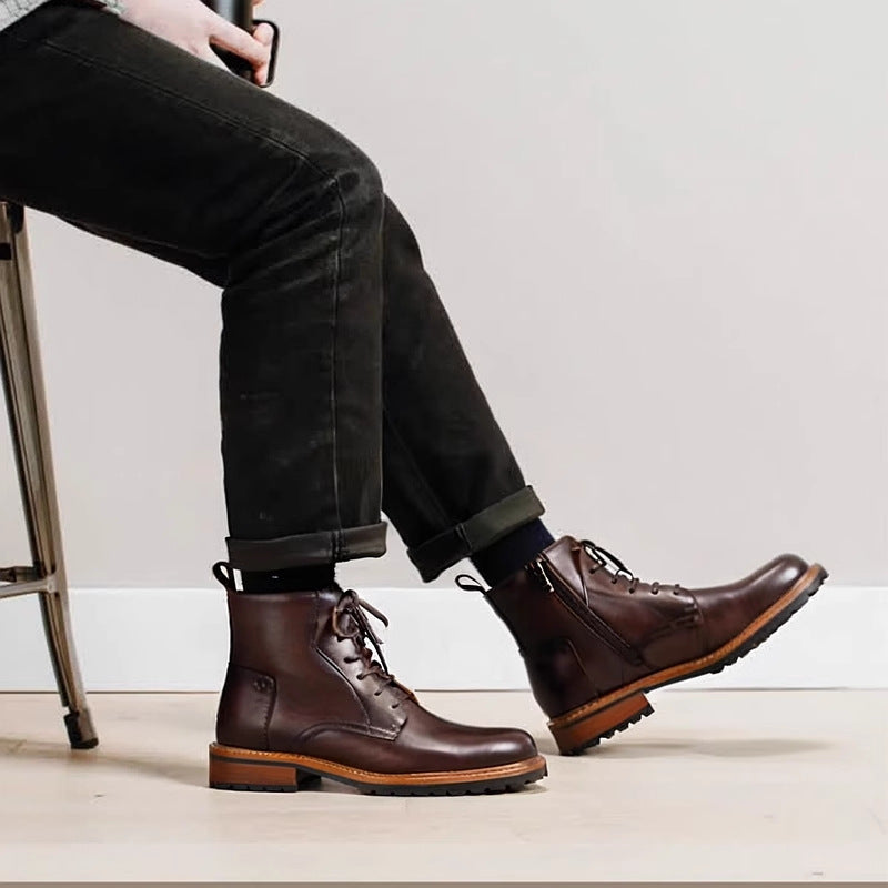 Brown leather lace-up side-zip dress boots with tan welt and tread sole