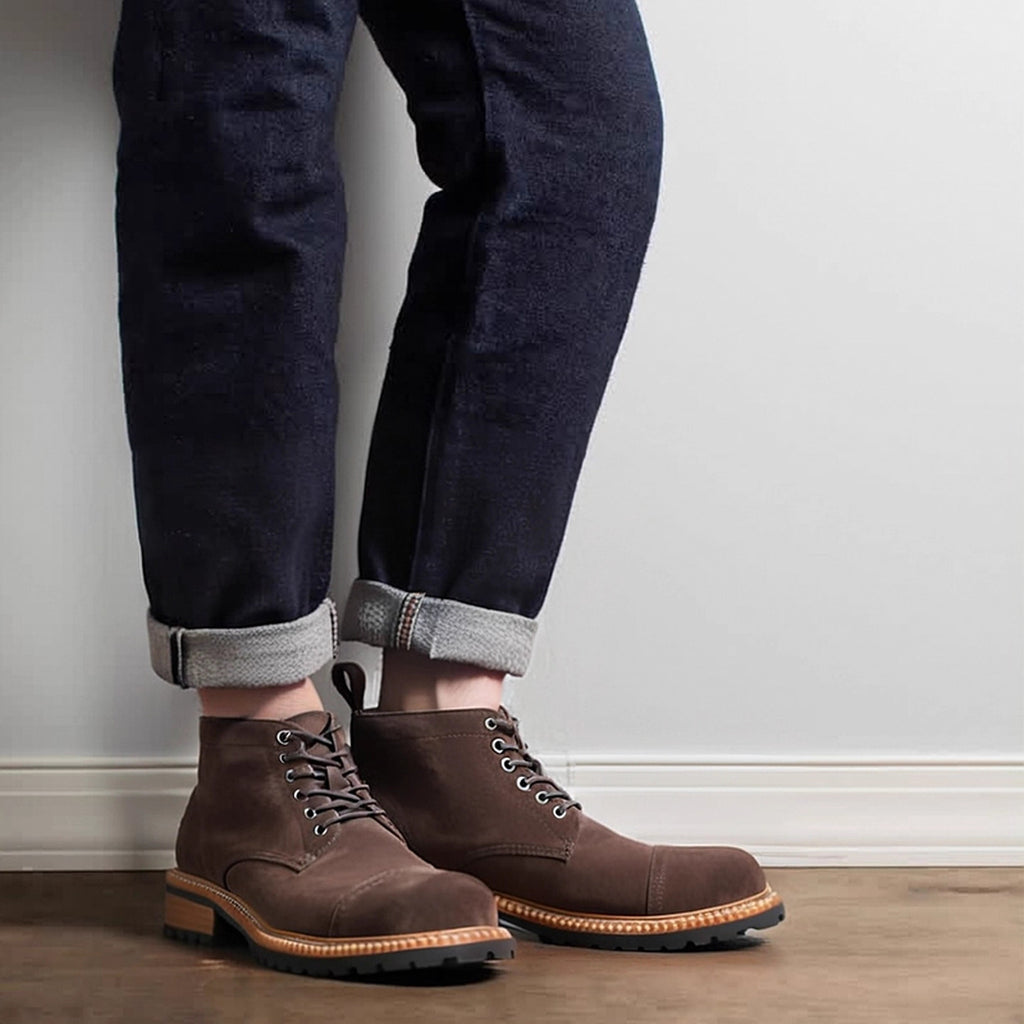 Men's dark brown chukka boots, suede lace-up upper, cushioned collar, flat rubber sole