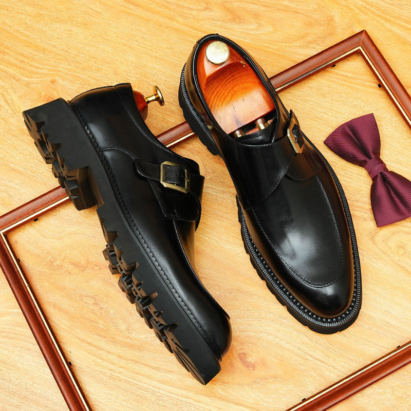 Men's Smooth Pointed Toe Single Monk Strap Leather Formal Shoes