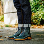 Dark green leather pointed-toe lace-up dress boots, low heel, lug sole