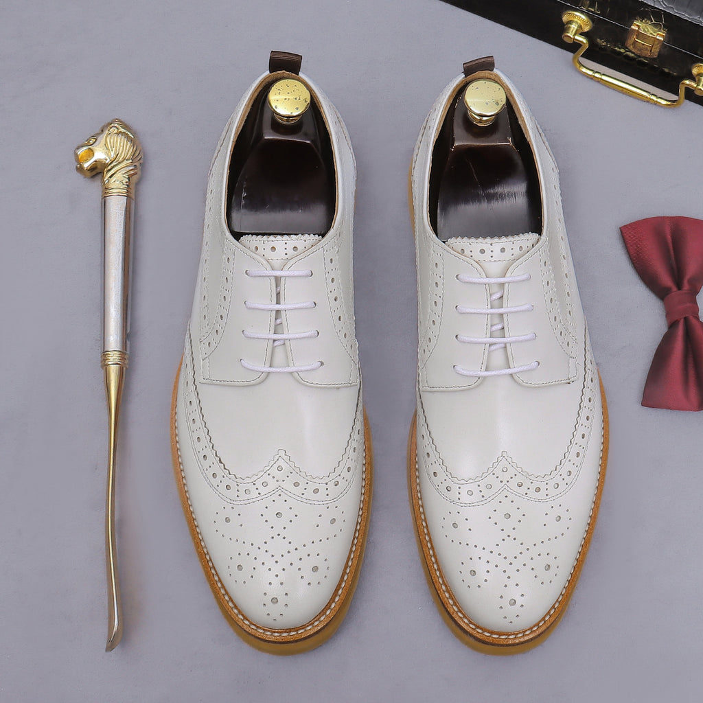Men's leather derby dress shoes, white lace-up with perforated toe and tan sole