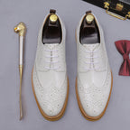 Men's leather derby dress shoes, white lace-up with perforated toe and tan sole