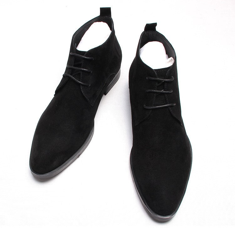 Pair of black lace-up dress boots with V-stitched vamp and low block heel
