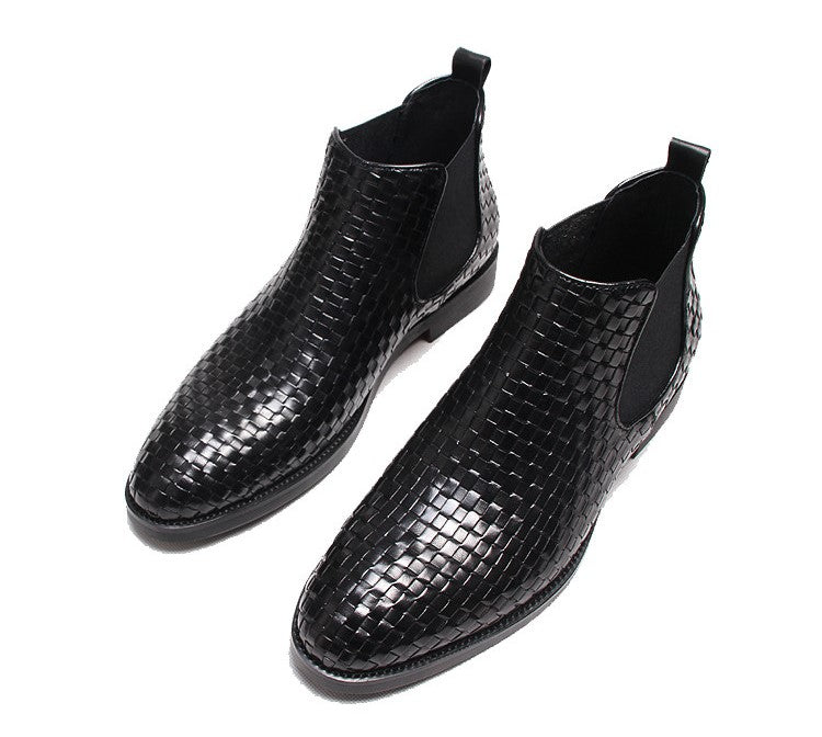 Men's black woven leather slip-on Chelsea dress boots with elastic side panels