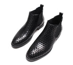 Men's black woven leather slip-on Chelsea dress boots with elastic side panels