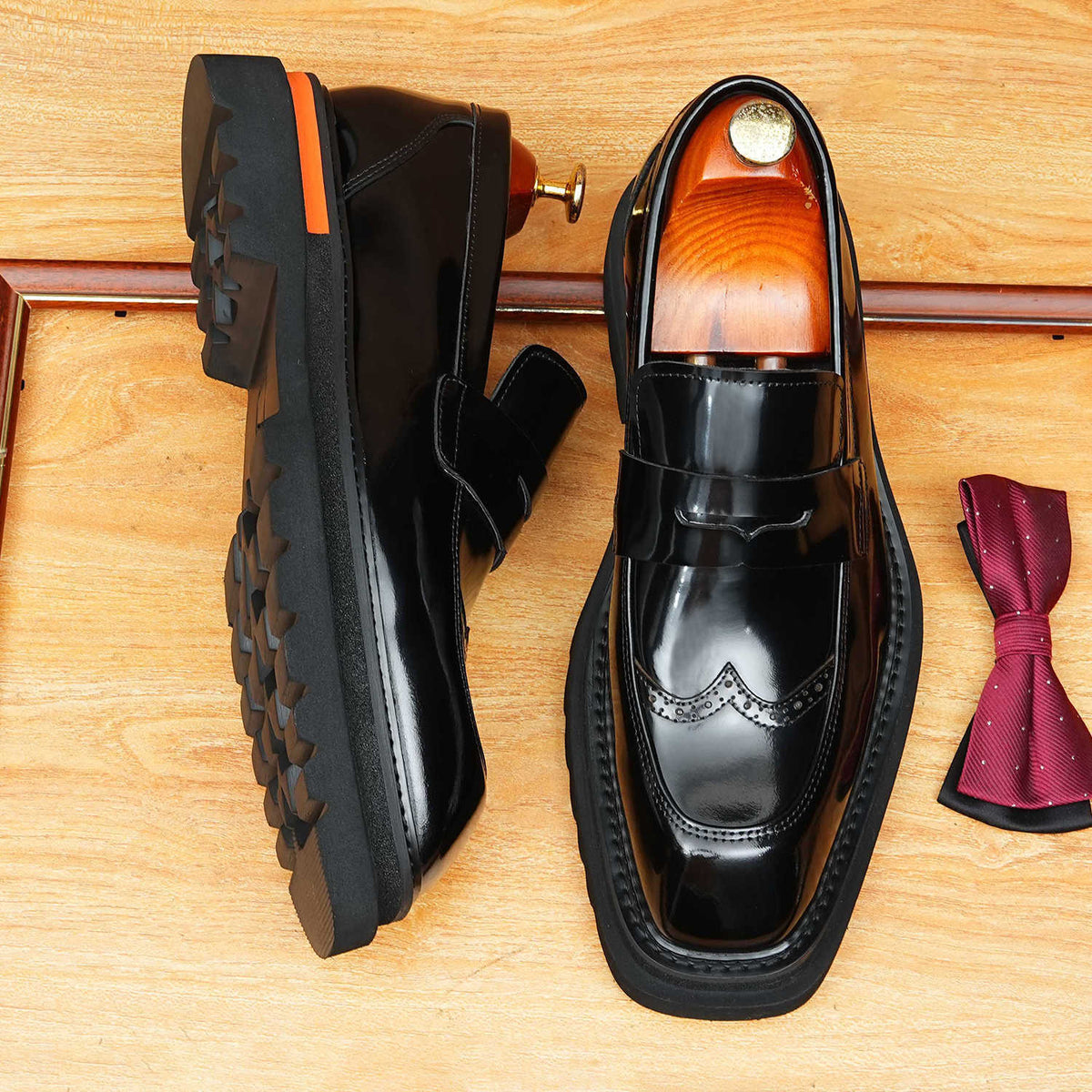 Men's Square Toe Brogue Platform Leather Loafers