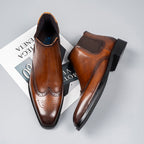Brown genuine leather chelsea dress boots, elastic gusset and brogue wingtip styling