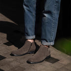 Men's point-toe leather side-zip dress boots in dark brown suede, side view