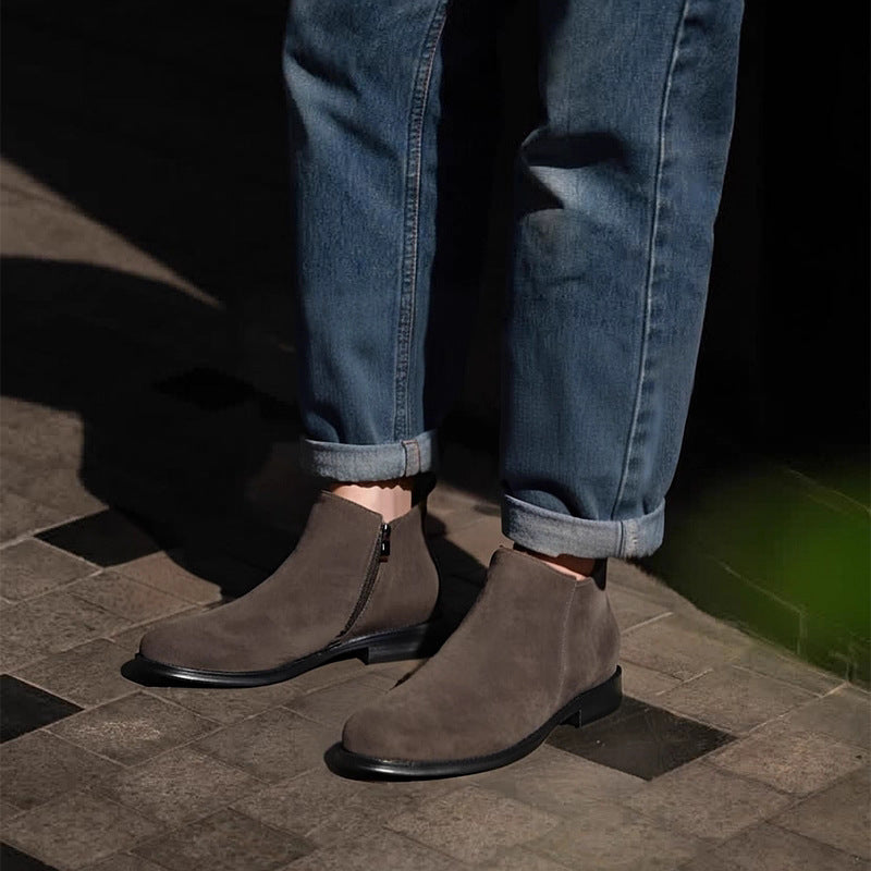 Men's point-toe leather side-zip dress boots in dark brown suede, side view