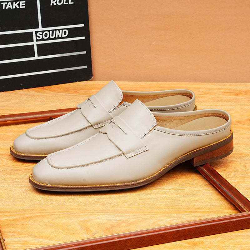 Men's Beige Pointed Toe Leather Mule Loafers