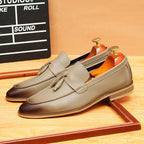 Men's Black Gray Pointed Toe Tassel Leather Loafers