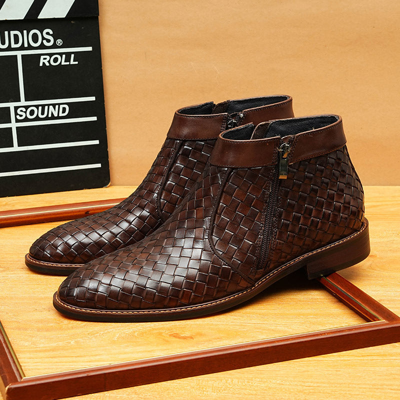 Men's Woven Pointed Toe Leather Zip Dress Boots