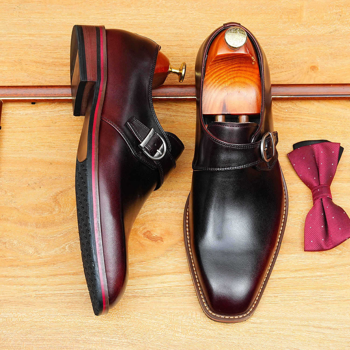 Men's Black Brown Pointed Toe Single Monk Strap Leather Shoes