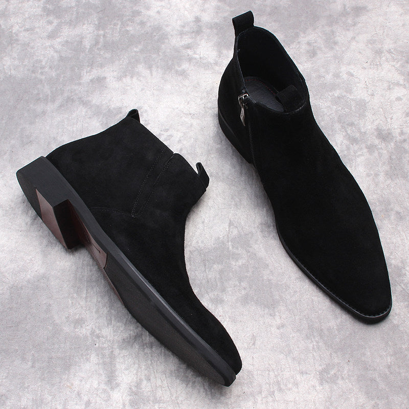 Black suede side-zip boots with thick block heels and soles, side-angle view.