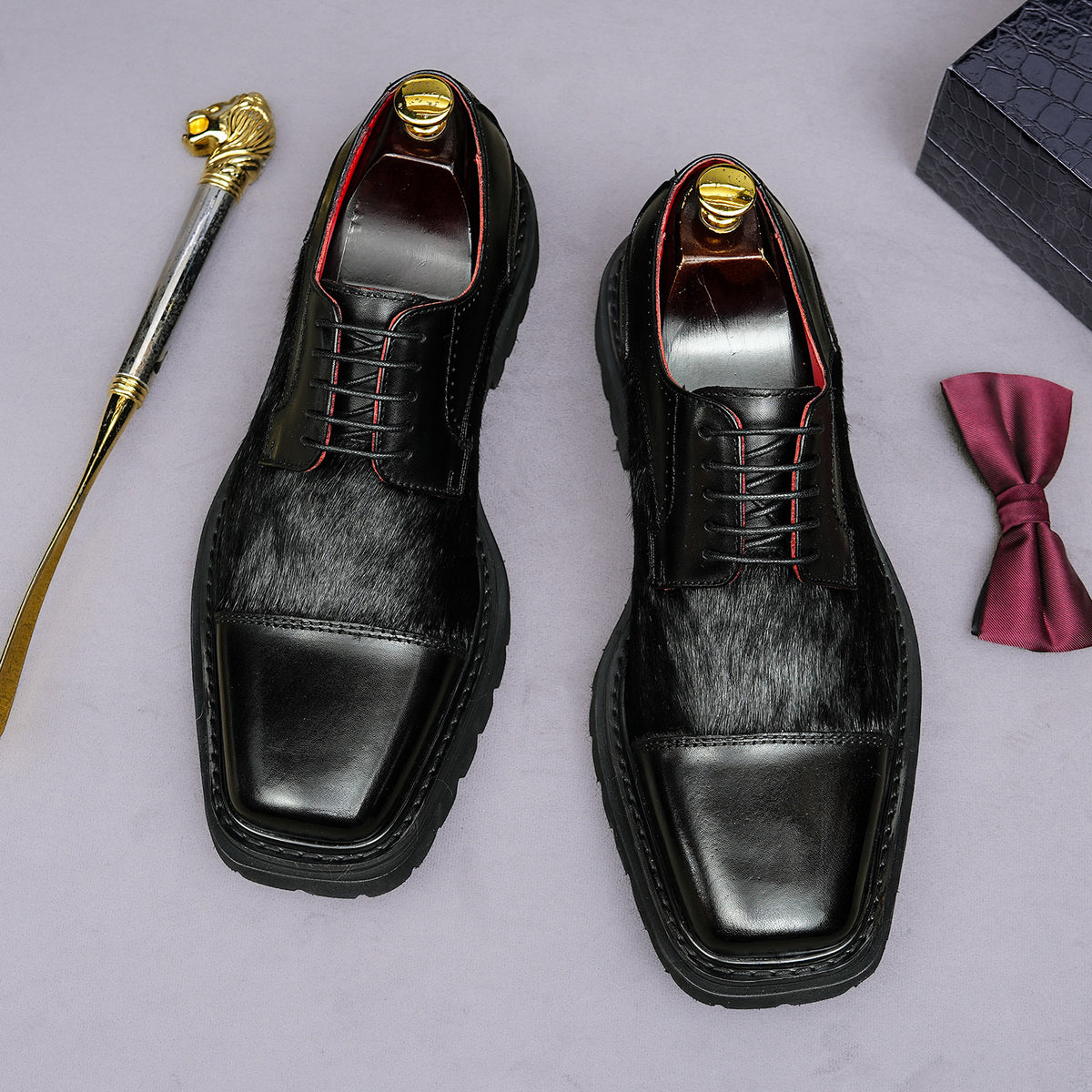 Men's Chunky Lug Sole Cap Toe Haircalf Leather Derbies