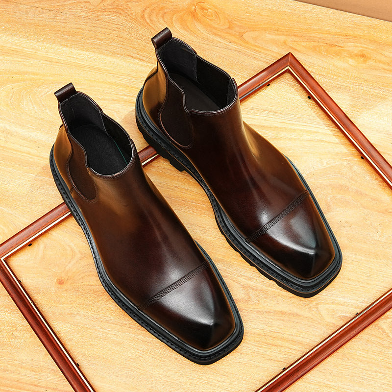 Men's Thick Sole Cap Toe Leather Chelsea Boots - Slip-On
