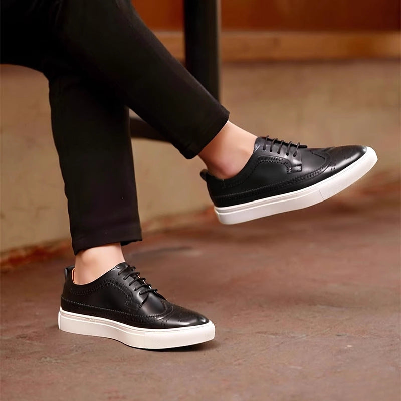 Men's genuine leather sneakers, black lace-up low profile with smooth leather and white midsole.