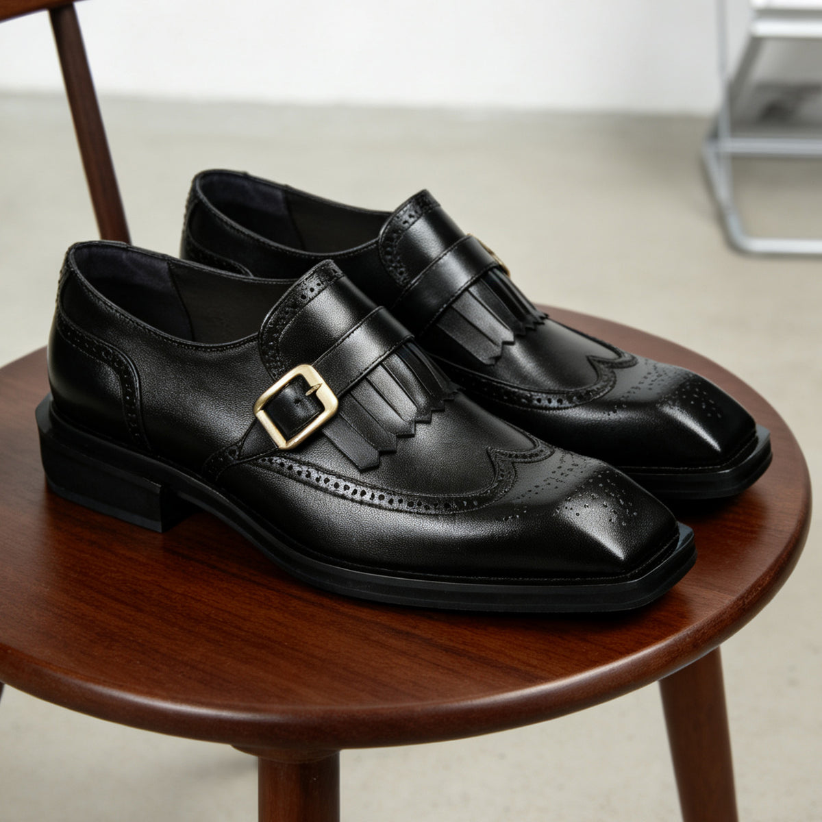 Men's Square Toe Single Monk Strap Leather Formal Shoes