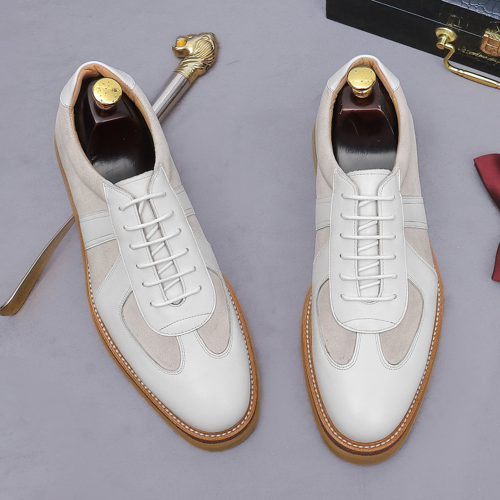 Men's white suede and leather lace-up sneakers with chunky tan gum lug sole