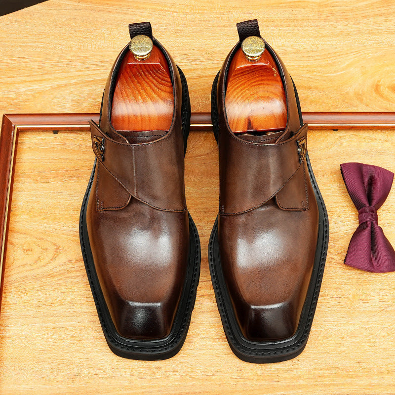 Men's Black Dark Brown Square Toe Single Monk Leather Shoes