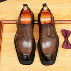 Men's Black Dark Brown Square Toe Single Monk Leather Shoes