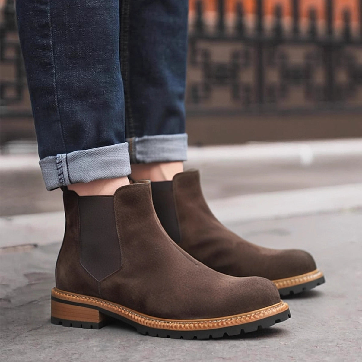 Round Plain Toe Suede Contrast-Welt Chelsea Boots for Men