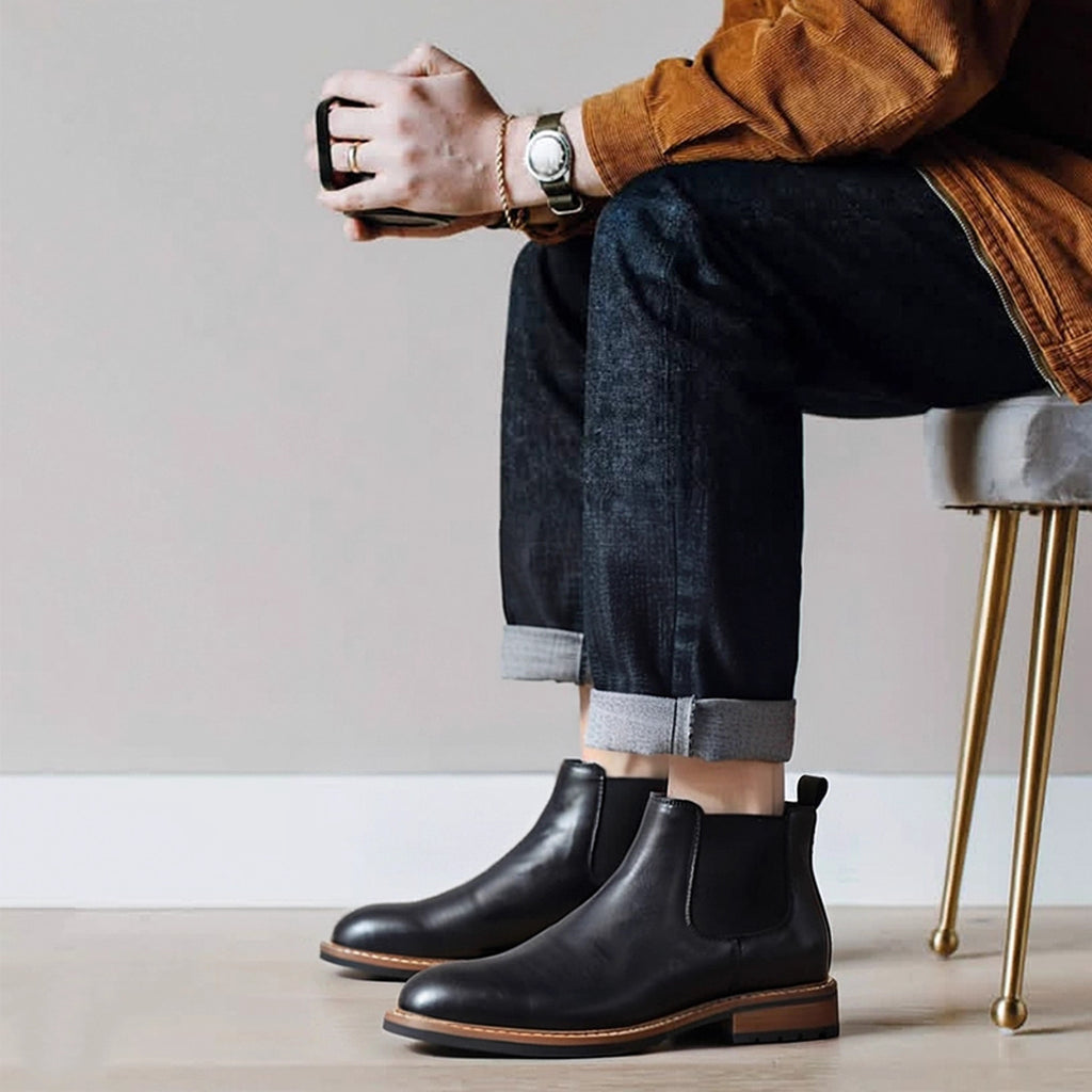 Men's Leather Contrast Welt Lug Sole Chelsea Dress Boots