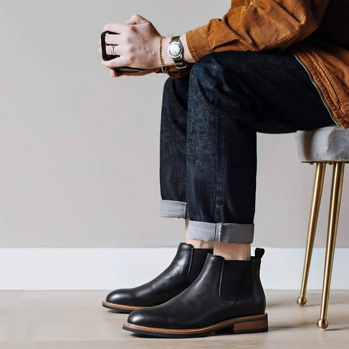 Men's Leather Contrast Welt Lug Sole Chelsea Dress Boots