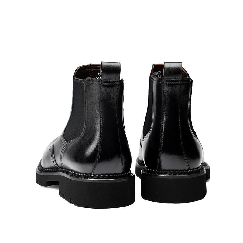 Men's genuine leather black Chelsea dress boots, back view pair with elastic gore and chunky sole
