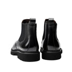 Men's genuine leather black Chelsea dress boots, back view pair with elastic gore and chunky sole