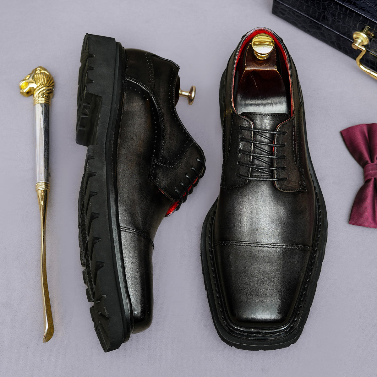 Men's Chunky Lug Sole Cap Toe Square Chisel Leather Derbies