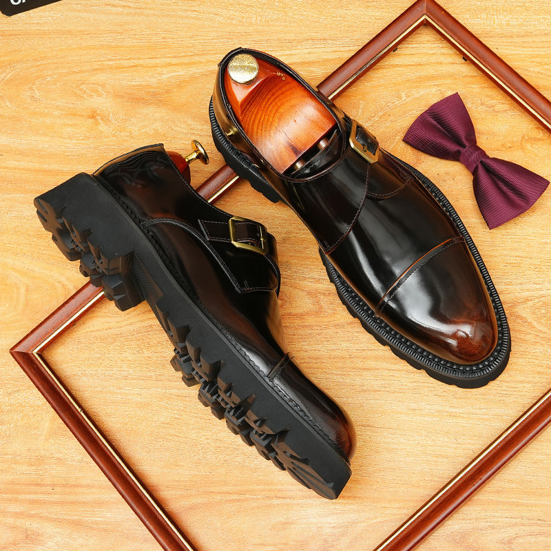 Men's Stitched Cap Toe Pointed Single Monk Strap Leather Shoes