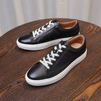 Men's genuine leather lace-up sneakers, two black pairs with white rubber soles