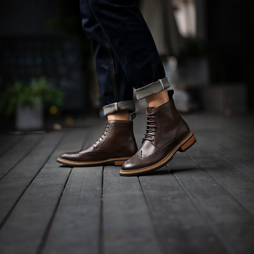 Wingtip Brogue Leather Back-Zip Lace-Up Boots for Men