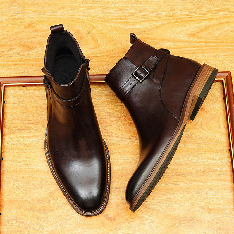 Men's Pointed Toe Buckle Leather Side-Zip Dress Boots