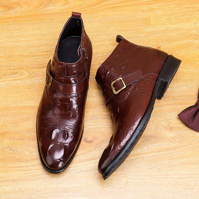 Men's Pointed Toe Croc Embossed Leather Side-Zip Boots