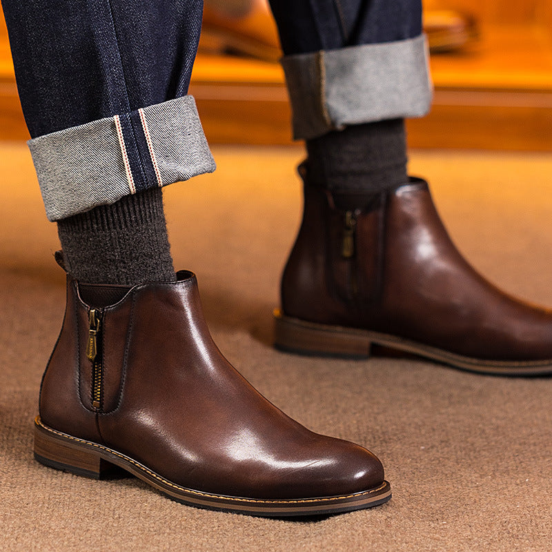Dark brown leather pointed-toe side-zip dress boot, tan welt, worn with dark pants
