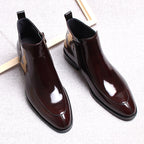Men's thick-sole leather side-zip boots, dark brown, glossy pair on floor
