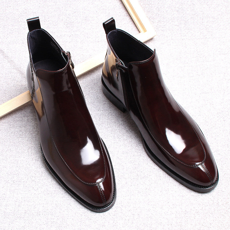 Men's thick-sole leather side-zip boots, dark brown, glossy pair on floor