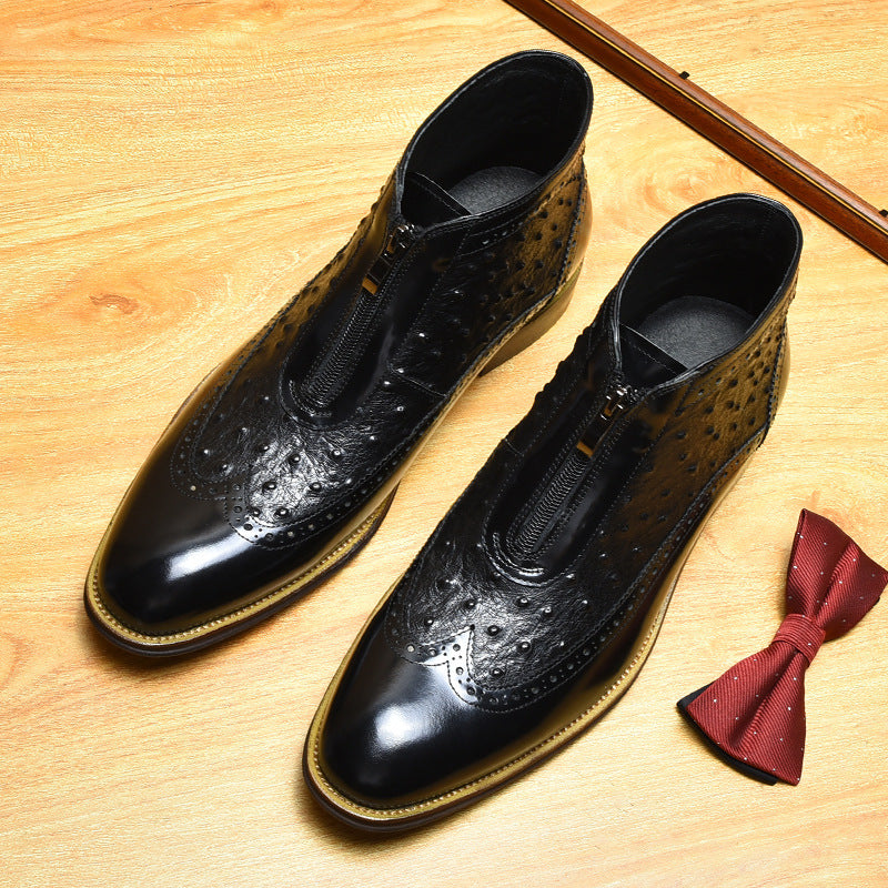 Men's Pointed Toe Ostrich Embossed Leather Zip Boots