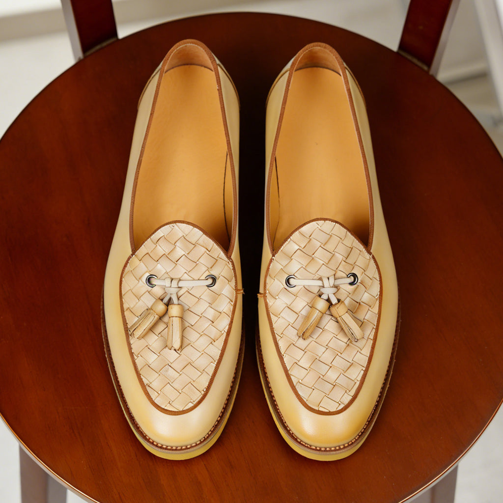 Men's Woven-Pattern Leather Tassel Dress Loafers