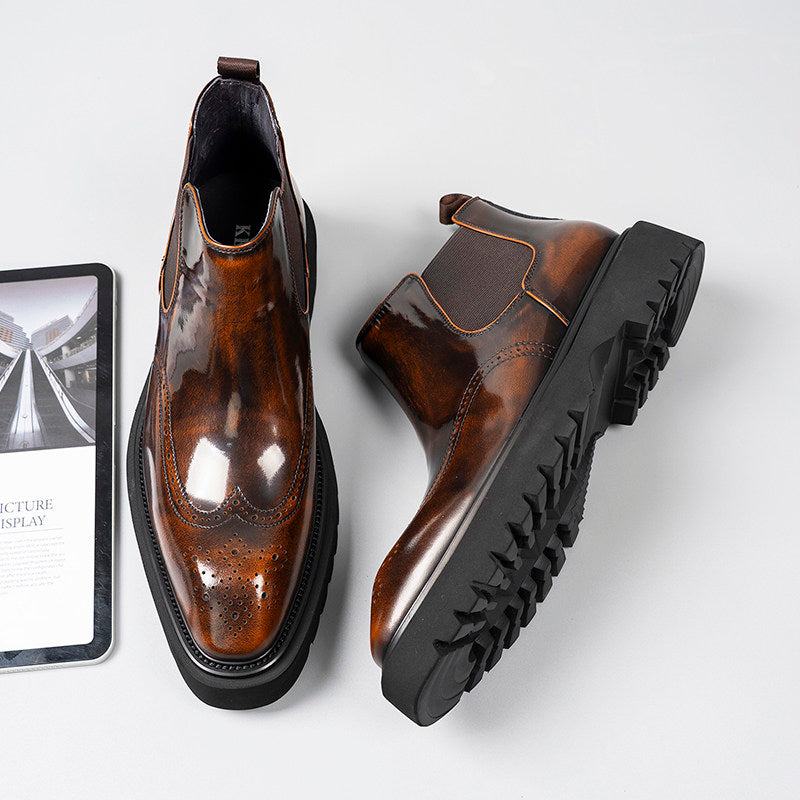 Dark brown leather Chelsea dress boots with elastic gore and thick tread sole view