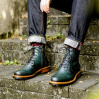 Men's pointed-toe leather side-zip lace-up boots, dark green with lug rubber sole