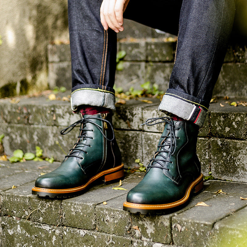 Men's pointed-toe leather side-zip lace-up boots, dark green with lug rubber sole