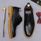 Men's black leather derby shoes, outsole side view with lace-up upper
