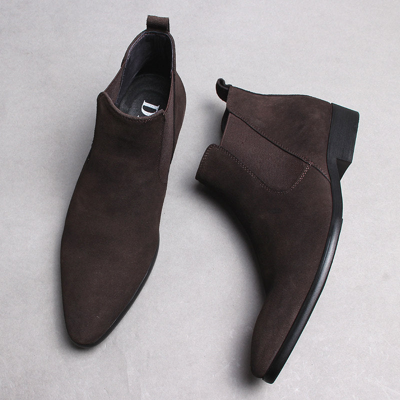 Men's genuine leather Chelsea dress boots, dark brown, slip-on with elastic side panels