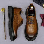 Men's pointed-toe leather derby dress shoe, dark brown, lace-up with thick tread sole