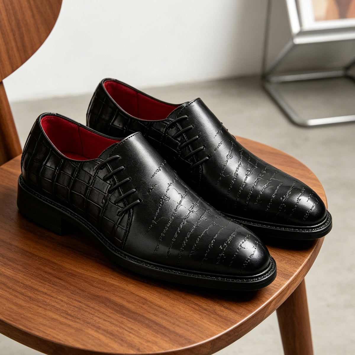 Men's Letter-Detail Crocodile Embossed Dress Loafers