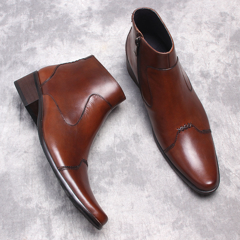 Dark brown leather formal side-zip dress boots with thick sole