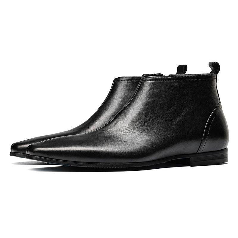 Black leather ankle boot with side zipper and thick sole, low-profile heel.